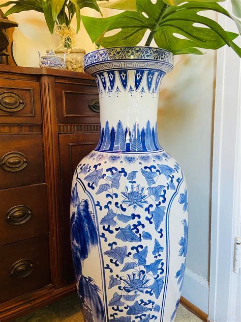 Vintage Chinoiserie Extra Large Floor Vase 36 tall Blue and | Etsy