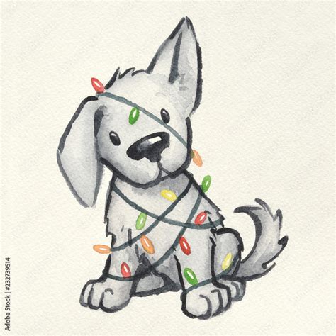 cute puppy dog wrapped in Christmas tree lights, hand painted and drawn ...