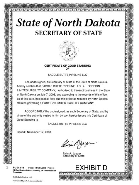 Fillable Online psc nd CERTIFICATE OF GOOD STANDING OF SADDLE BUTTE ...