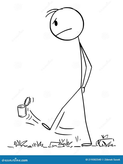 Angry Frustrated Man Walking and Kicking the Garbage, Vector Cartoon Stick Figure Illustration ...