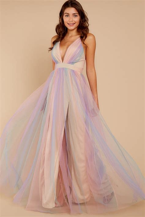 Dreamy Pastel Rainbow Gown - Deep V Tulle Maxi - Maxi Dress - $72.00 ...