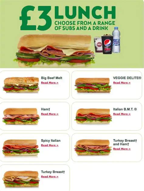 Menu at Subway fast food, London, 8 Sackville St