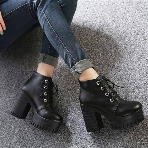 Black High Heels Lacing Platform Ankle Boots - Ninja Cosmico