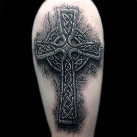 Mens Cracked Stone Celtic Cross Black And Grey Upper Arm Tattoo Celtic ...