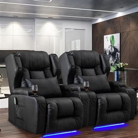 Ebern Designs Hrithika Leather Power Recliner Chair Home Theater Seating with LED Lights and Cup ...