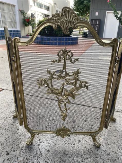 VTG FRENCH PROVINCIAL Brass Metal 3 Panel Folding Fireplace Screen Ribbon Birds $475.00 - PicClick