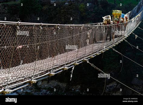 Hillary Bridge over Dudh Koshi river, Khumbu Himal, Sagarmatha National Park, Nepal Stock Photo ...