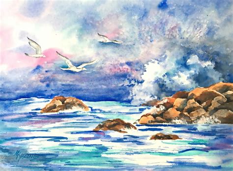 Seascape Watercolor, Ocean Waves, Rocks, Beach, Seagull, Original Art, Martha Kisling - Etsy