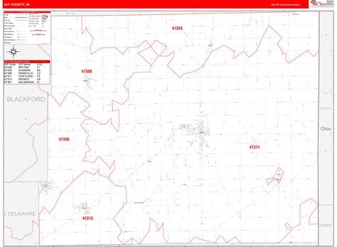 Jay County, IN Zip Code Wall Map Red Line Style by MarketMAPS