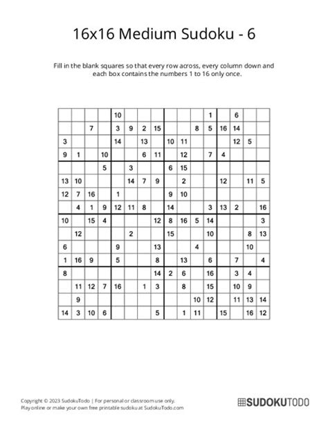 16x16 Medium Sudoku Puzzles Printable