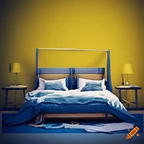 Bedroom with yellow walls, blue curtains, bed, wardrobe, desk, and ...