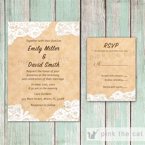 Lace Rustic Wedding Invitations & RSVP Cards 2 – Pink The Cat