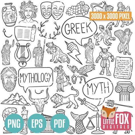 GREEK MYTHOLOGY, Doodle Icon Vectors. Ancient Gods Design Doodle Icons Clipart. Mythological ...