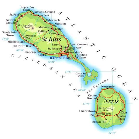 Large detailed road and physical map of Saint Kitts and Nevis islands | Vidiani.com | Maps of ...