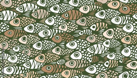 Seamless vector pattern with monochrome fish. A large school of fish with eyes and scales swim ...