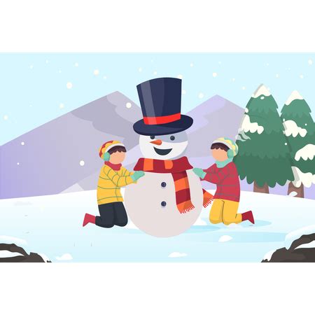 Best Happy family building snowman Illustration download in PNG & Vector format