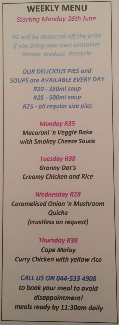 the pie shop menu « Plett Tourism Contest