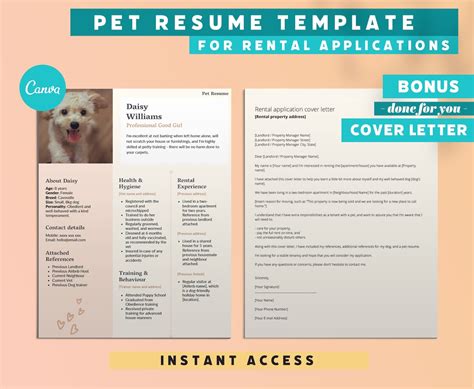 Pet Resume Template for Rental Applications Rental Cover Letter Canva Template Digital Product ...