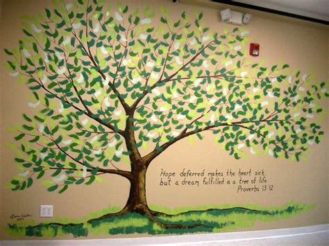 To do a tree mural, draw it out with chalk first. Paint the trunk, adding shading and high ...