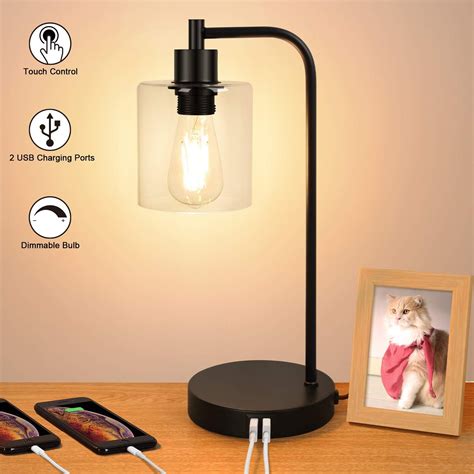 Industrial Touch Control Table Lamp, Dual USB Charging Ports, 3 Way Dimmable Vintage Bedside ...