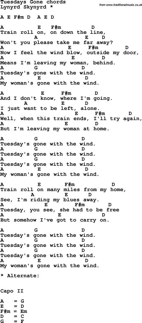 Song lyrics with guitar chords for Tuesday's Gone