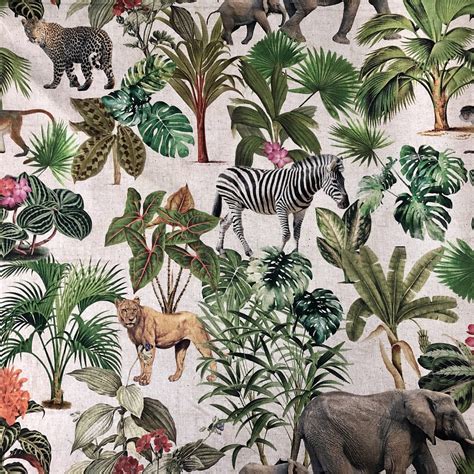 Safari Zoo African Animal Digital Print Fabric Tropical Jungle Palm ...