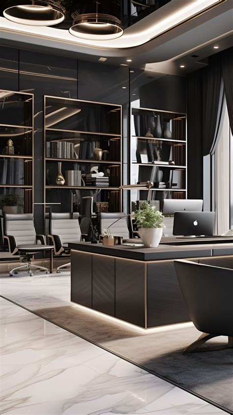 an office with black and white furniture and lighting