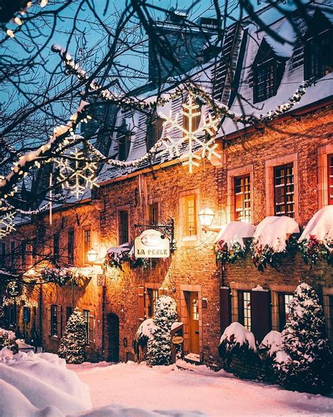 Beautiful of Lower Quebec City at night during the holidays, vintage ...