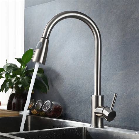 Pull Out Kitchen Faucet SUS 304 stainless steel Brushed Nickle Faucets Spool Mixer Water Tap Hot ...