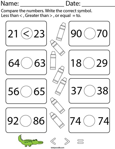 Less Than, Greater Than, Equal to- 2 Digit Numbers Math Worksheet ...