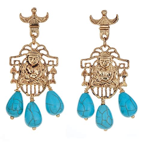 Buddha earrings w 3 tear-drop turquoise stones | Palm Beach and Company | Palm Beach and Company