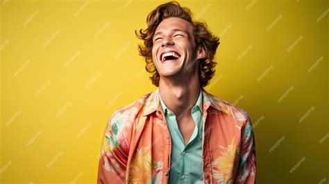 Premium Photo | A handsome man smiling and laughing wearing bright clothes on bright solid light ...