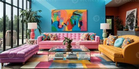 Furnished Modern Living room, bright blue and pink color palette, interior design, AI Generative ...