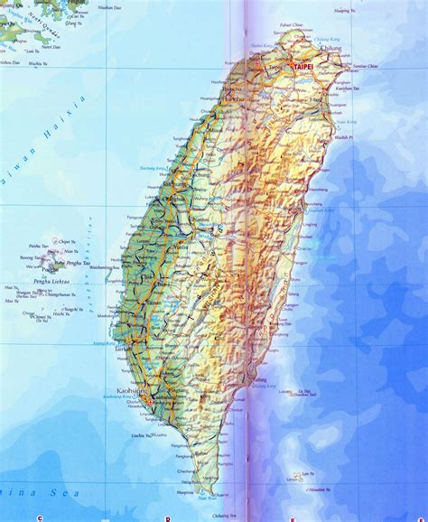 Large detailed road map of Taiwan with relief, all cities and other marks | Taiwan | Asia ...