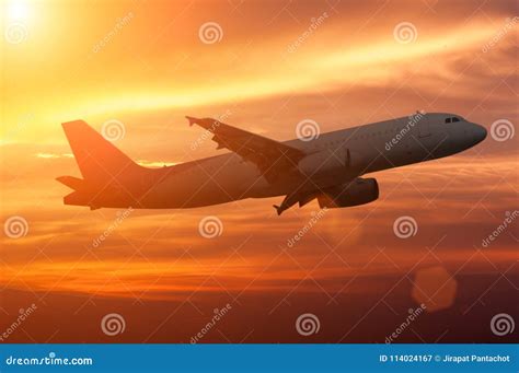 Silhouette of a Plane Flying in Beautiful Sunset Stock Image - Image of ...