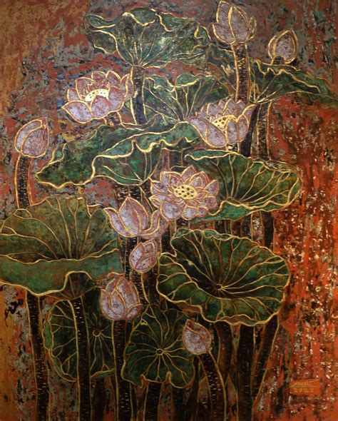 Lotus in Summer - Vietnamese Lacquer Painting by Artist Nguyen Minh Hai