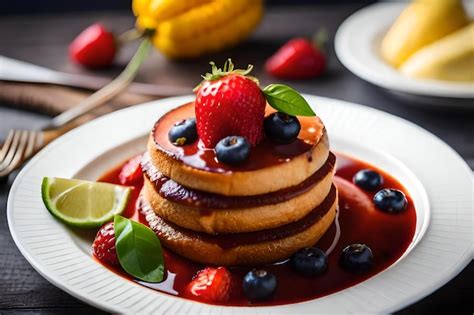 Premium AI Image | pancakes with syrup and fruit on a plate