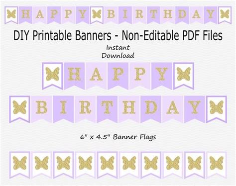 Happy Birthday Banner Pale Purple, Pastel Purple & Gold Glitter Girl Butterfly Birthday Party ...