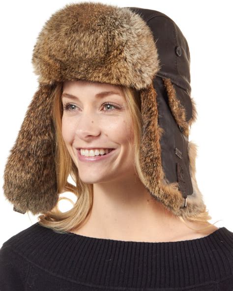 Ladies Brown Leather Rabbit Fur Trapper Hat: FurHatWorld.com