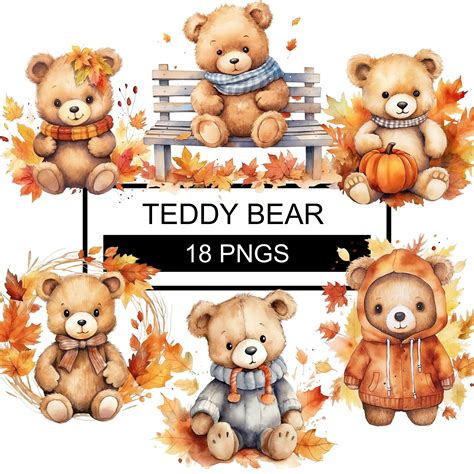 Watercolor Autumn Teddy Bear Clipart, Fall Scenery Clipart, Bear ...