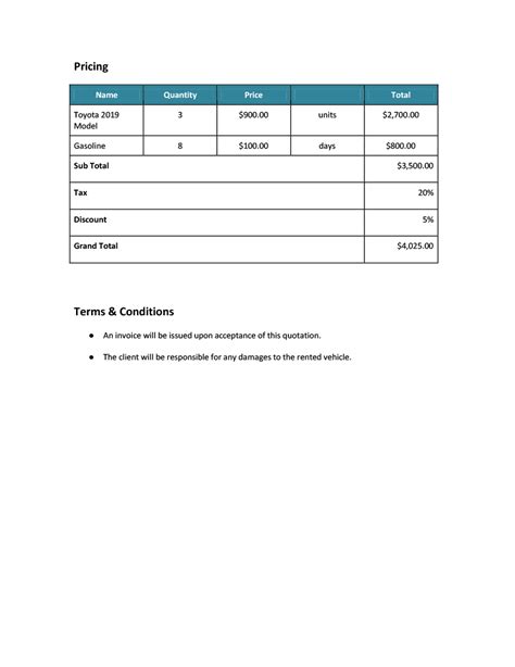 Car Rental Quotation Template - Google Docs, Google Sheets, Excel, Word | Template.net