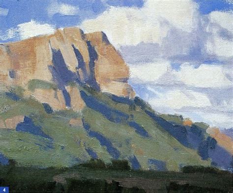 a painting of a mountain with clouds in the sky