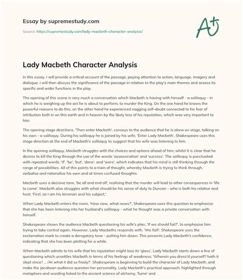 Lady Macbeth Character Analysis - Free Essay Example - 1011 Words | SupremeStudy