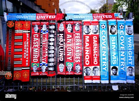 Coventry City and Manchester United scarves being sold outside of the stadium ahead of the ...