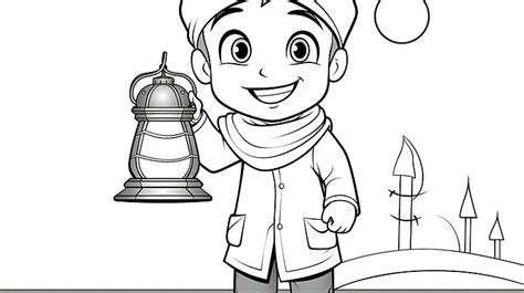 Cartoon Character Holding Ramadan Lantern Coloring Page Background ...