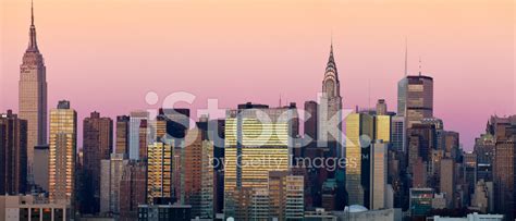 New York City Skyline Buildings Reflecting Sun At Early Dawn Stock ...