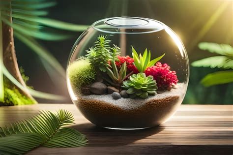 Premium Photo | A fish bowl with plants and flowers in it