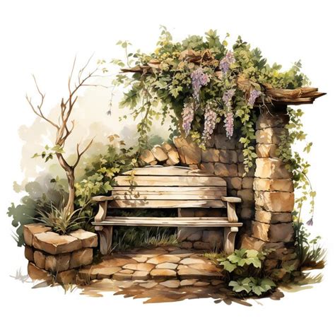 Premium AI Image | a painting of a garden with a bench and a bench.