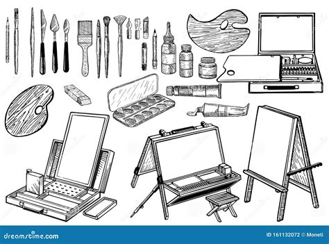 Hand Drawn Art Tools and Supplies Set. Sketch. Painting Tools Elements Vector Concept Stock ...