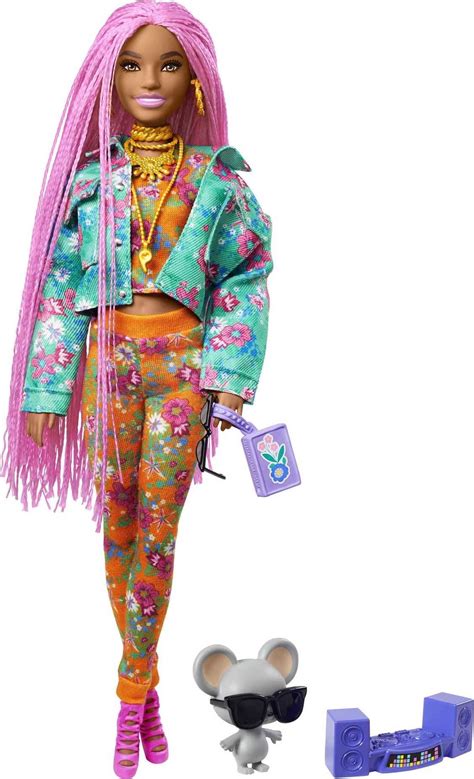 Barbie Extra Fashion Doll with Long Pink Braids in Teal Floral Jacket with Accessories & Pet ...